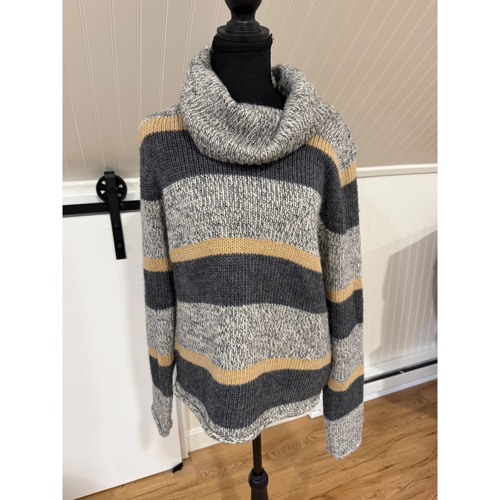 Garnet Hill Women Gray Tan Striped Cowl Neck Wool Alpaca Blend Sweater Size M